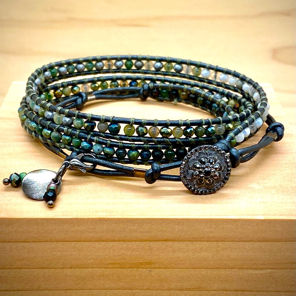 Fancy Jasper Leather Wrap Bracelet